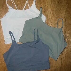 Set of Three Halara Camisole Tops in White, Green, and Gray with built in bras